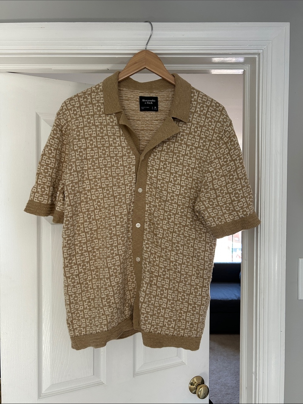 Abercrombie & Fitch Tan and Cream Knit Button-Front Polo